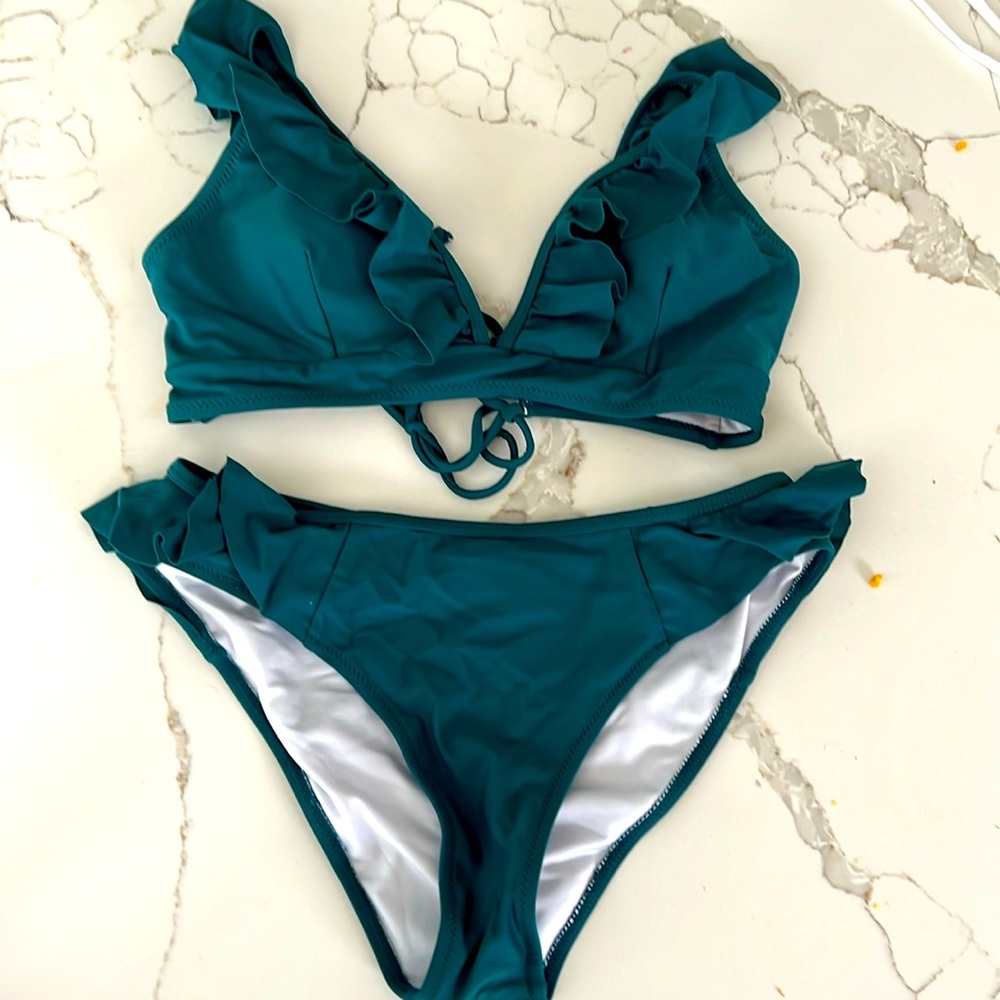 Cupshe ruffled dark teal two piece bikini